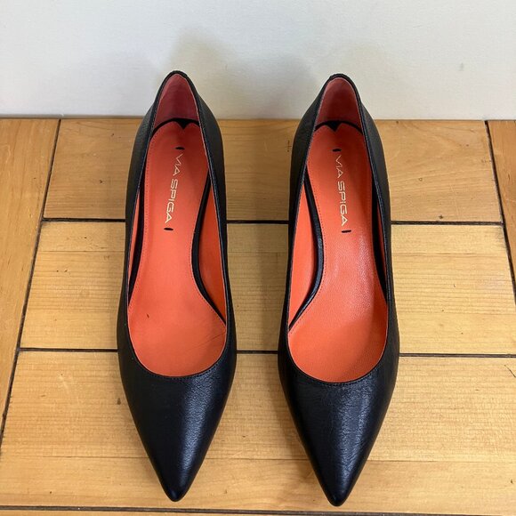 Via Spiga Leather Kitten Heels Black Pointed Toe Pumps Women's US 8 Shoes - Picture 3 of 7